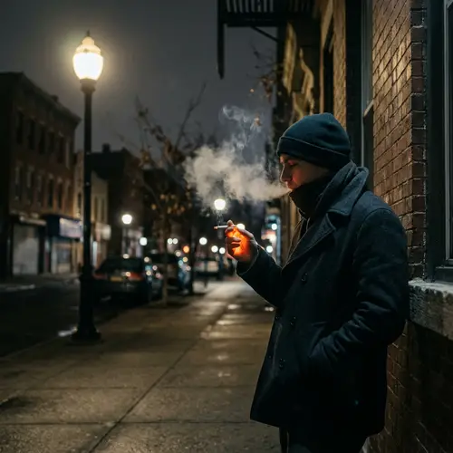 Enigmatic Night Scene: Solitary Figure Smoking Amidst Shadows