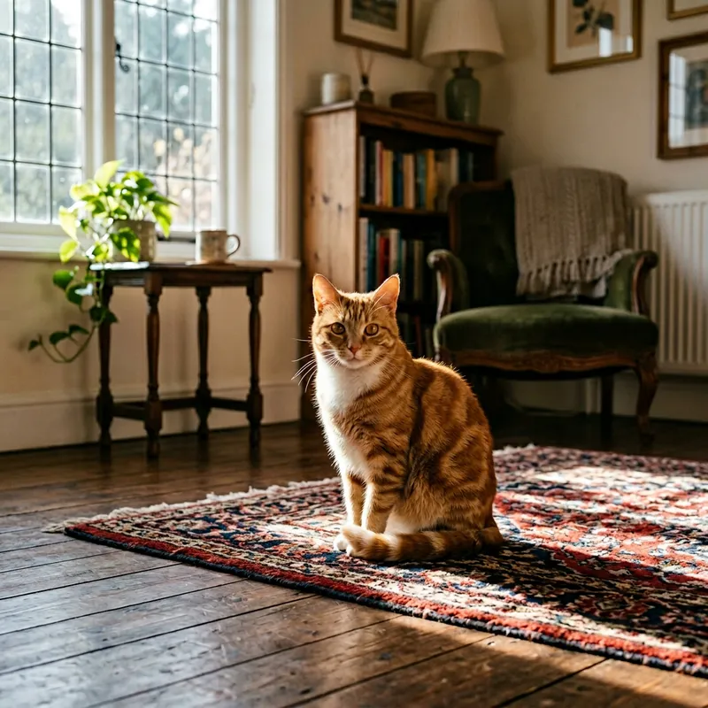 Adorable Cat Relaxing on Plush Rug