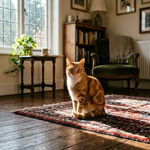 Cozy Cat Sitting Comfortably on Plush Rug