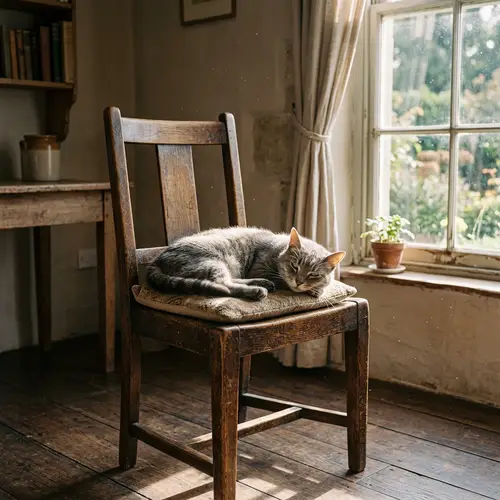 Tranquil Cat on Wooden Chair - Peaceful Sunlit Scene