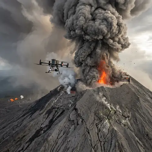 Drone Flying Near Erupting Volcano