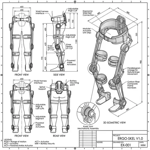 Wearable Exoskeleton Frame CAD Designs and Diagrams