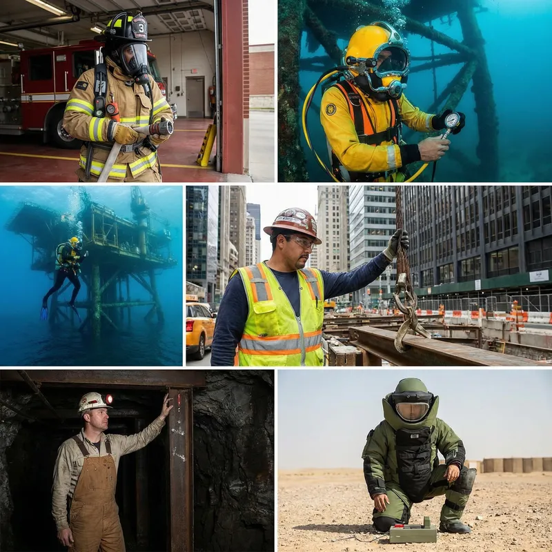 Diverse Workers following Safety Guidelines in High-Risk Jobs