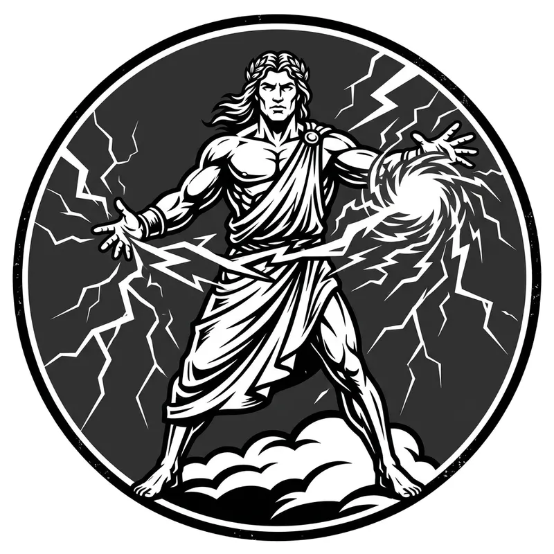 Zeus-Inspired Lightning Deity Logo: Muscular Figure in Black and White