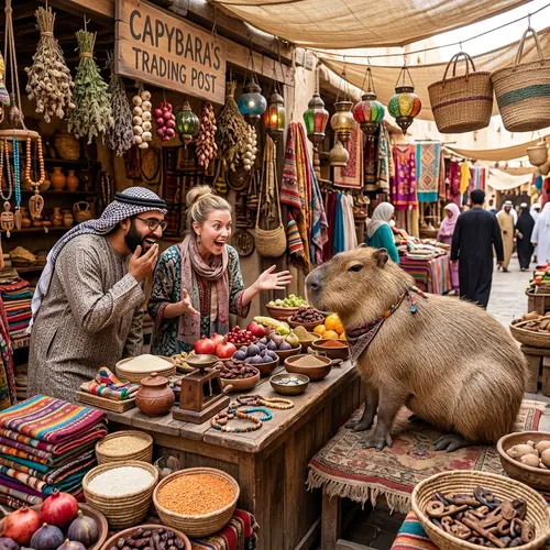 Relaxed Capybara Trading Assortment of Goods in Traditional Marketplace