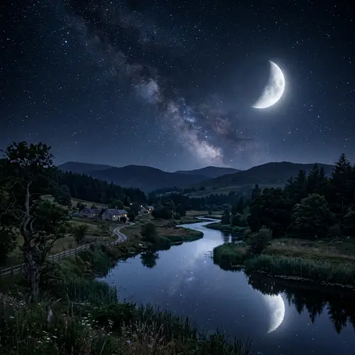 Serene Night Landscape with Moon and Stars