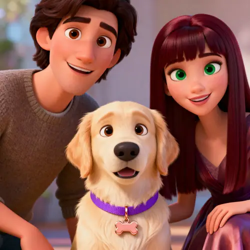 Pixar Couple Portrait with Their Golden Retriever
