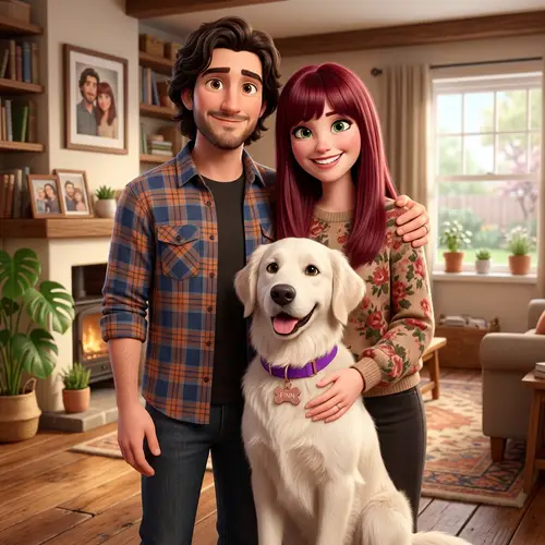 Pixar Couple Portrait with Their Golden Retriever