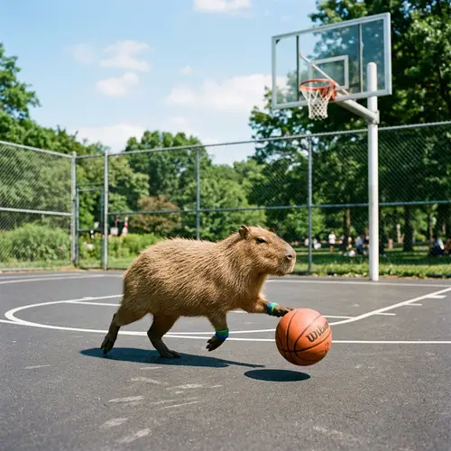 Playful Capybara Dribbling Basketball on Vibrant Court