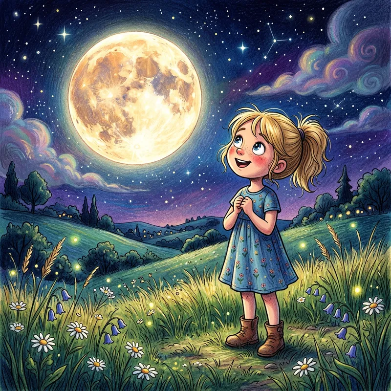 Charming Girl admiring Moon in Cartoon Style