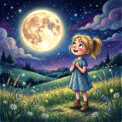 Enchanting Girl gazing at Radiant Moon in Vivid Cartoon Style