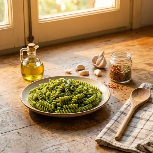 Vibrant Green Plant-Based Pasta on Wooden Countertop