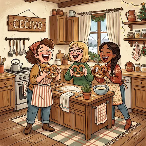 Fun Kitchen Moments: Women Enjoying Pretzels