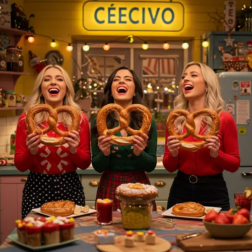 Fun Kitchen Moments: Women Enjoying Pretzels