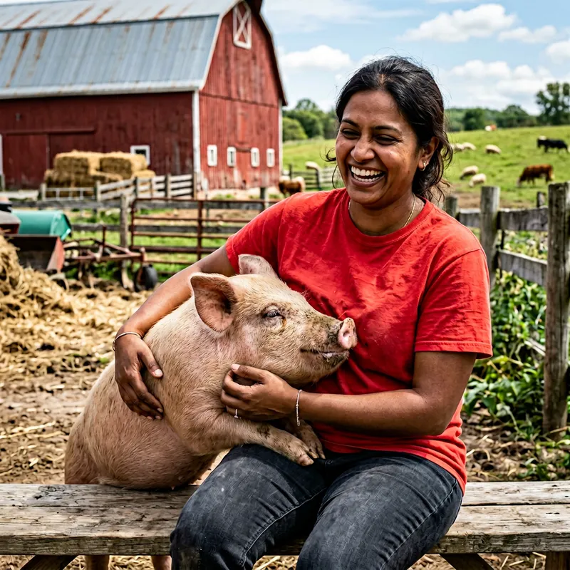 Funny Pig Jokingly Biting Belly | Charming Farm Scene