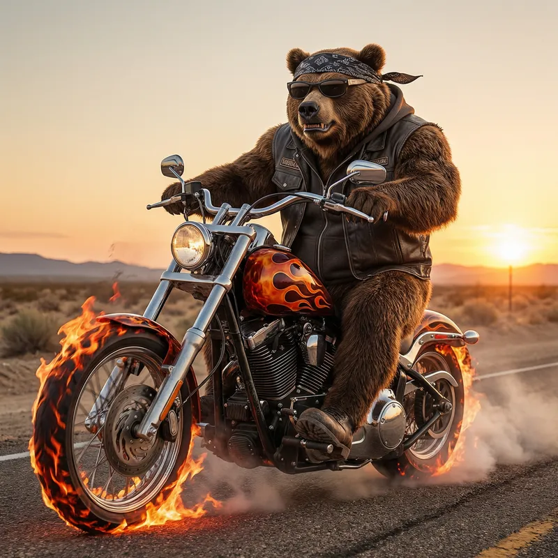 Angry Bodybuilder Bear on Fire Motorcycle