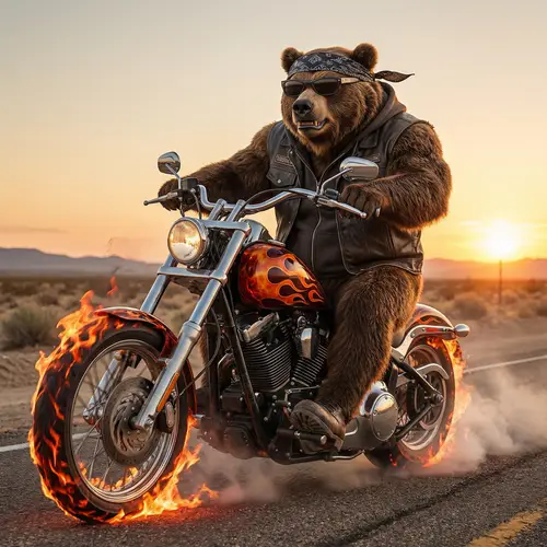 Angry Bodybuilder Bear on Fire Motorcycle