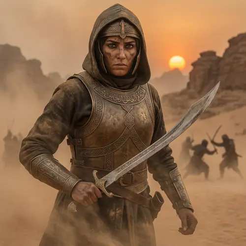 Ancient Arabic Female Warrior in Rustic Bronze Armor | Desert Battle