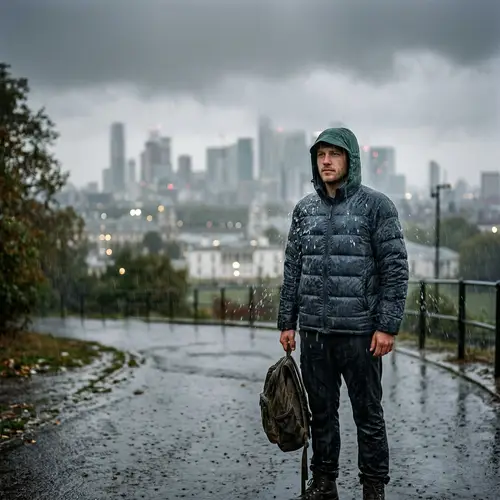 Wet Down Jacket in Rainy Scene