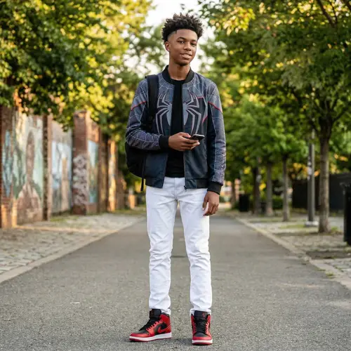 Stylish Black Boy in Sp*dear Jacket and White Pants