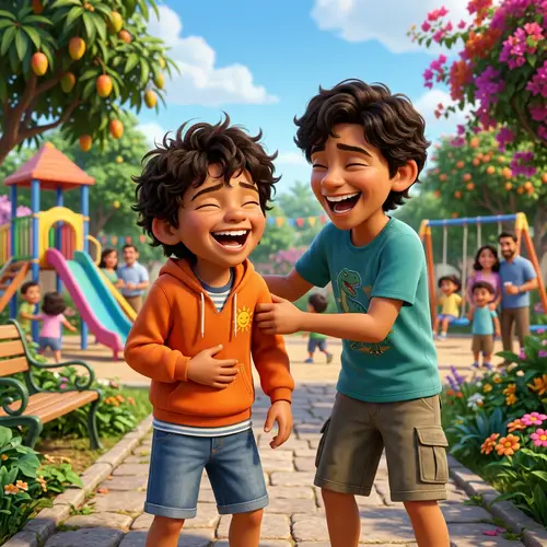 Hispanic Young Cartoon Boy Laughing with Brother | Animated Joy
