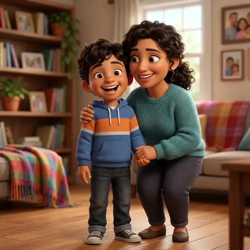 Smiling Hispanic Young Cartoon Boy with Parent - Family Fun