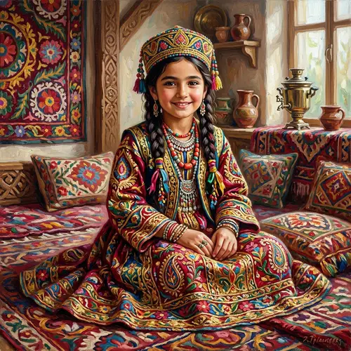 Vivid Tajik Girl in Traditional Dress | Oil Painting Scene