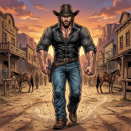 Muscular Manga Character with Cowboy Hat - Unstoppable Determination