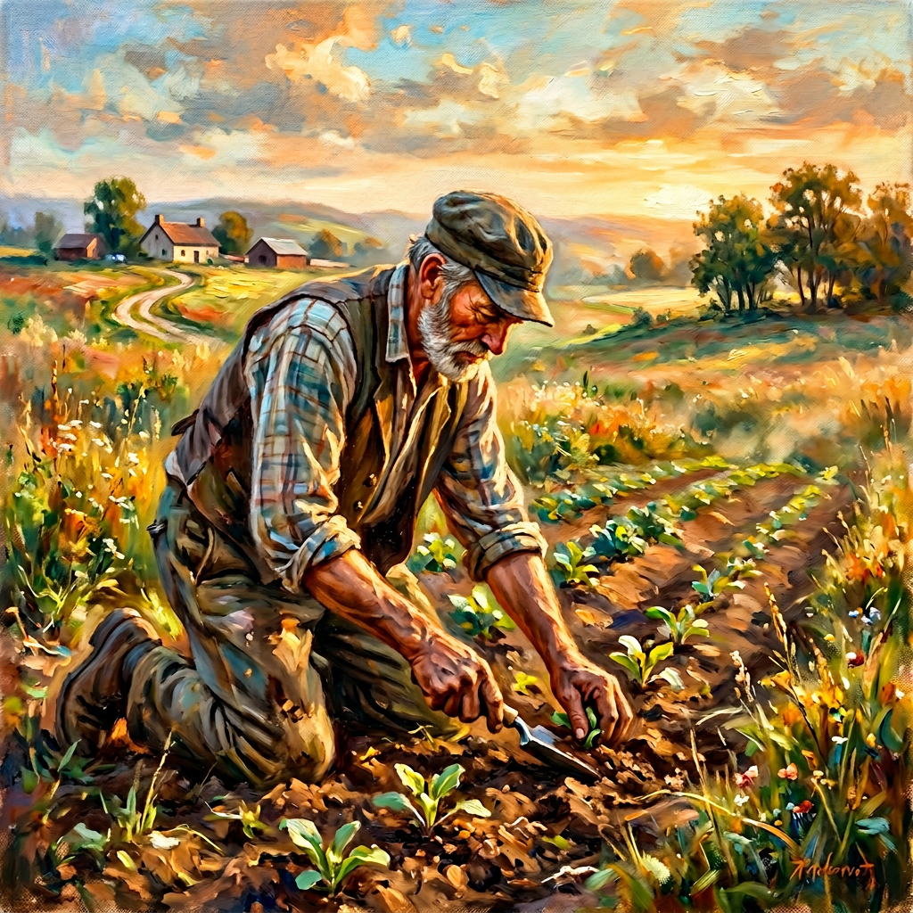 Impressionist Art: Resilient Farmer in Sunlit Field | AI Art
