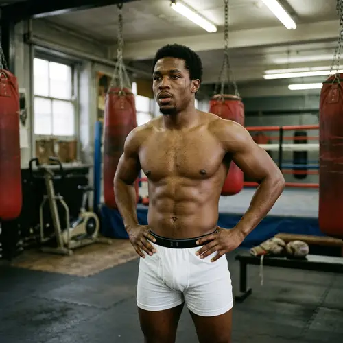 Black Muscled Guy in White Boxer Trunks