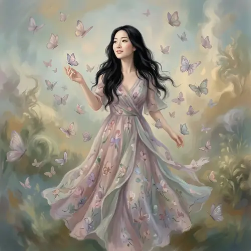 Surreal Portrait of a Woman in Pastel Floral Dress