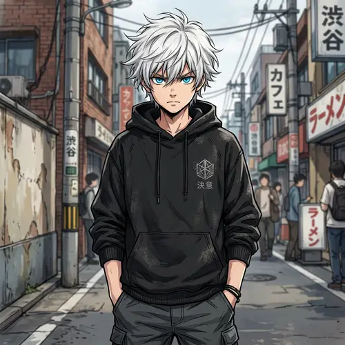 Anime White Hair Boy in Black Hoodie Illustration