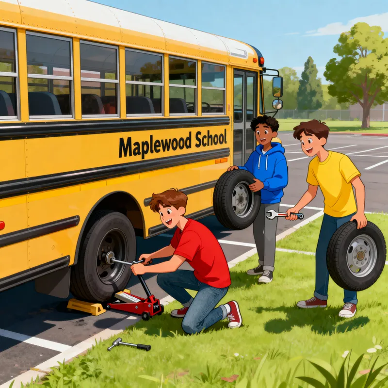 Young Man Fixes School Bus Tire with Friends