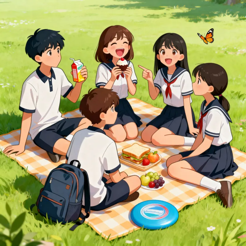 Fun Picnic Moments: Young Classmates Enjoying Outdoors Fun Picnic Moments: Young Classmates Enjoying Outdoors