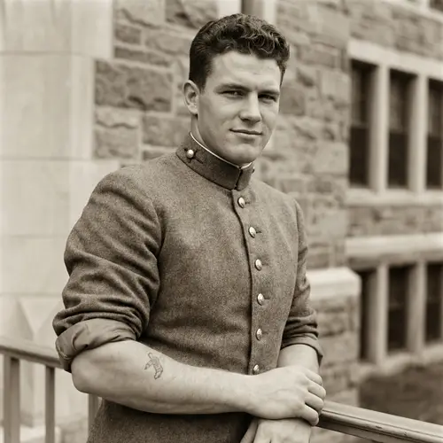 Confident Young Caucasian Man in Traditional Military Academy Uniform