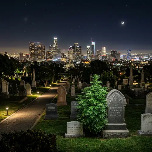 Los Angeles Night Cityscape with Graveyard and Cannabis Plant