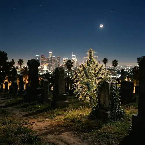 Nocturnal View of Los Angeles Graveyard with Cannabis Plant