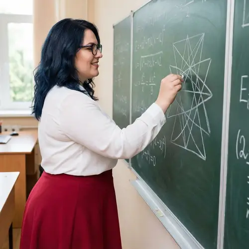 Female Teacher Drawing Complex Geometric Figure on Blackboard