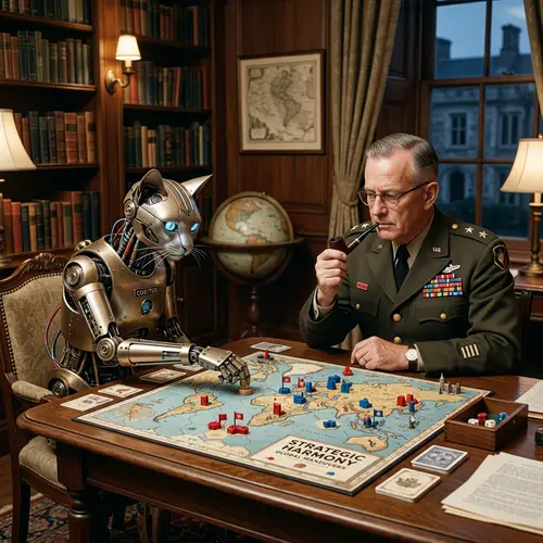 Robot Cat Playing Board Game with Politician - Strategic and Fun