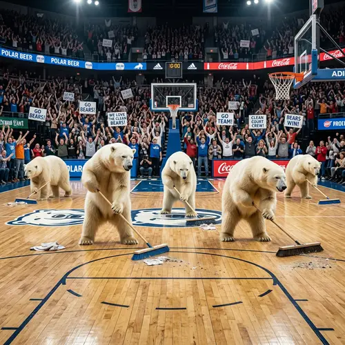 Polar Bears Cleaning Basketball Court - Cheerful Scene