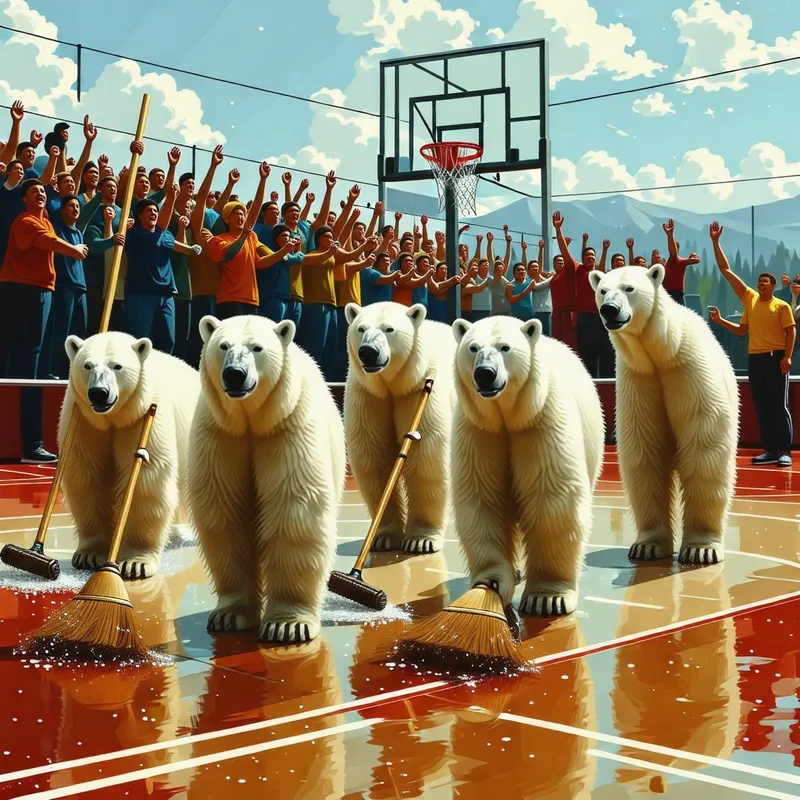 Polar Bears Cleaning Basketball Court - Cheerful Scene Polar Bears Cleaning Basketball Court - Cheerful Scene