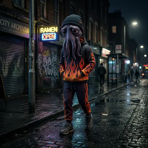 Stylish Squid in Athleisure Apparel on Dimly Lit Street