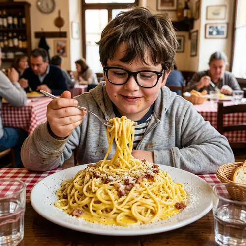 Chubby Boy with Nerd Glasses Enjoying Carbonara