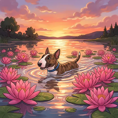 Cartoon Mini Bull Terrier Swimming at Sunset