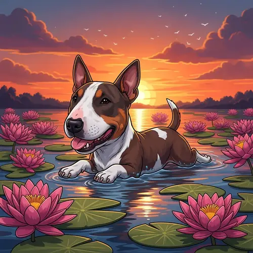 Cartoon Mini Bull Terrier Swimming at Sunset