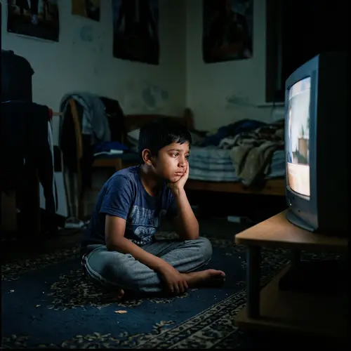 Sad South Asian Boy Alone in Dimly-Lit Room Watching TV