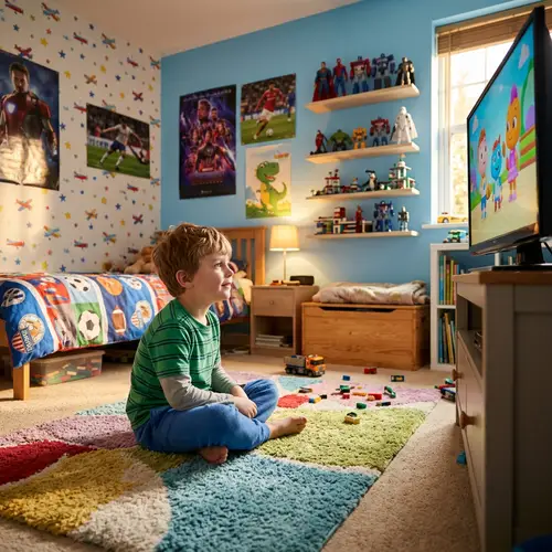 Young Boy Watching TV in Colorful Room
