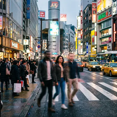 Diverse Group Moving Through Surreal Urban Landscape