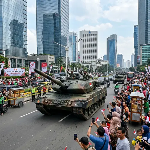 Tank Parade in Jakarta - Urban Scene with Modern Skyscrapers