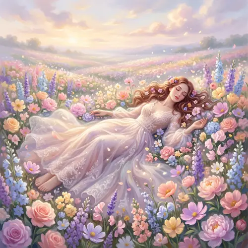 Surreal Woman Floating in Vibrant Flower Field | Dreamy Art